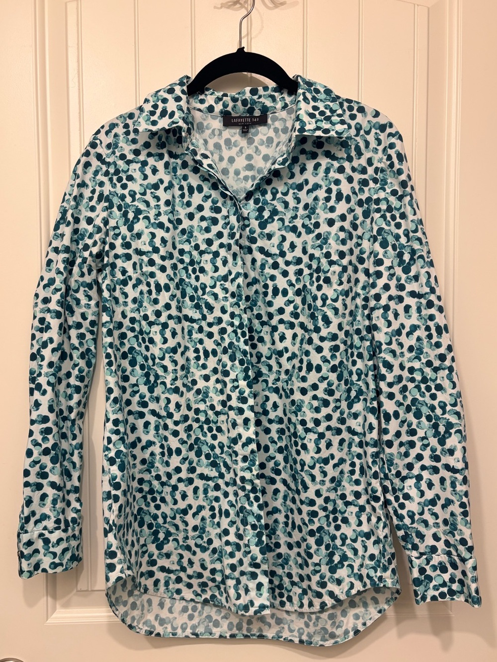 Lafayette 148 New York Teal Dot-Print Button-Down Shirt Long Sleeve Size Small